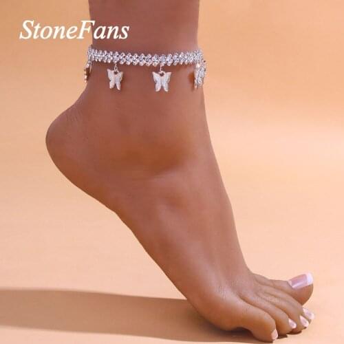 Stonefans Ins Fashion Butterfly Anklet Rhinestone Charm Foot Chain Beach Accessories Sandals Ankle Jewelry Bracelets for Women