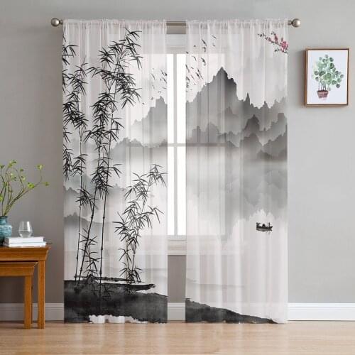 Chinese Ink Landscape Painting Bamboo Tulle Sheer Window Curtains for Living Room Kitchen Children Bedroom Voile Hanging Curtain