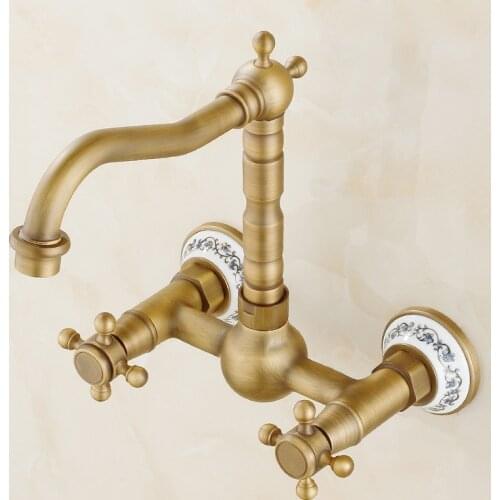 Vintage Retro Antique Brass Wall Mounted Dual Cross Handles Swivel Kitchen Bathroom Sink Basin Faucet Mixer Tap aan023