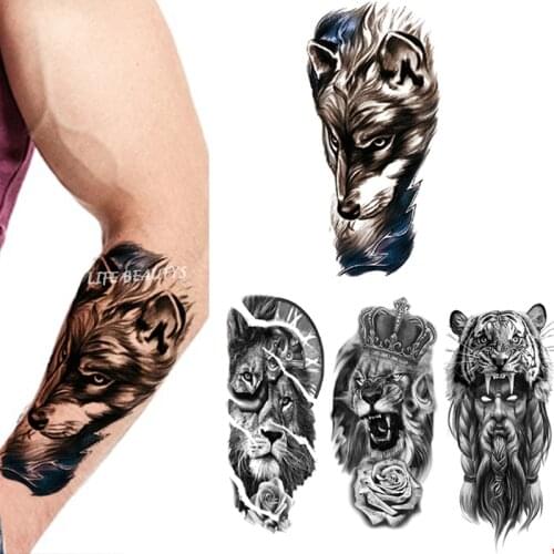 Black Tiger Lion Wolf Flower Body Waterproof Temporary Tattoos Cool Snake Beauty Sexy Flash Fake Fashion Arm Sleeve Sticker