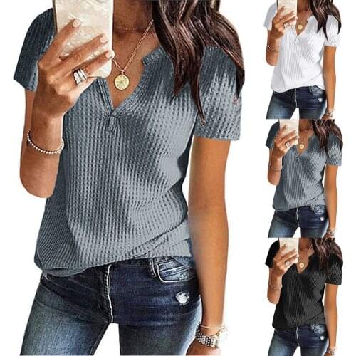Womens Summer Blouse Solid Color Fashion Knit Short Sleeve Tunic Top Harajuku Soft V-neck Loose Shirt Femme Shirt Tops Рубашка