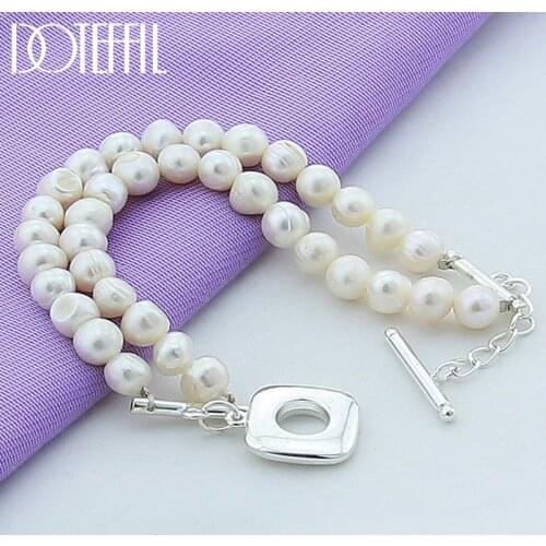 DOTEFFIL 925 Sterling Silver Double Chian Natural Freshwater Pearl Bracelet For Women Wedding Engagement Party Jewelry