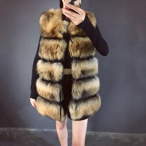 Rf0002 Real Fur Waistcoat Women Natural Raccoon Fur Vest Striped Full Pelt Fur Gilet Natural Yellow
