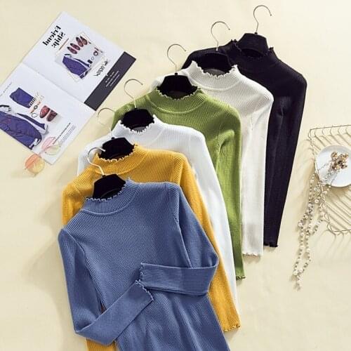 2020 Fall Winter Ruffle Sweater Women High Neck Stretch Slim Sexy Knit Pullover Solid Color High Quality Sweater Women Chothing