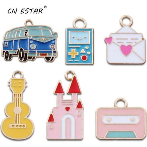 10pcs/Lot Cartoon Bus Guitar Envelope Enamel Alloy Earring Pendant Charms Material DIY Jewelry Accessories
