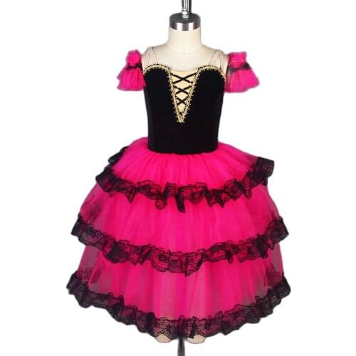 Spanish Long Ballet Tutu Black Velvet Black Top Bodice Rose Red Tulle Ballet Costumes Dance Tutu Ballerina Dance Costumes