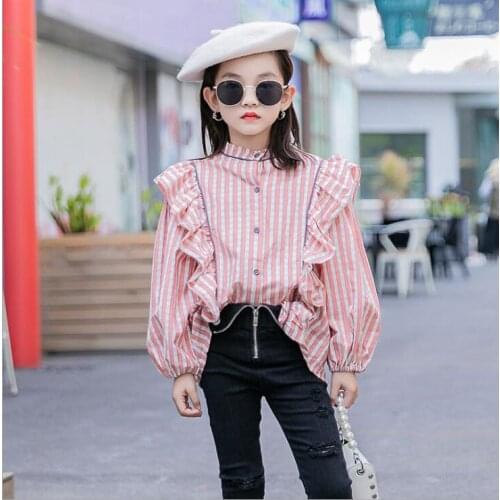 2020 Korea style girls ruffles striped shirt fashion autumn cotton girls blouse 4-9t F753