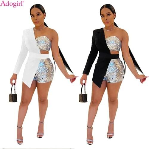 Adogirl 3 Pcs Set Sequined Patchwork Women Blazer Suit One Shoulder Long Sleeve Coat Tube Top Shorts Night Club Party Outfits