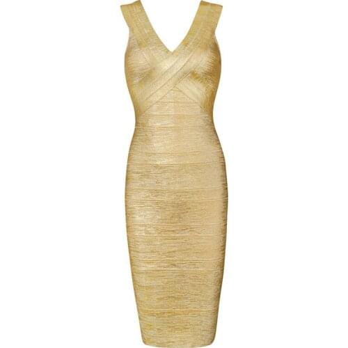 2018 new arrival womens fashion sexy wholesale gold metallic party knee length bandage dress