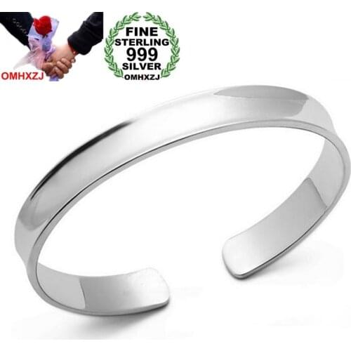 OMHXZJ Wholesale Fashion Classic Simple Woman Child Gift Smooth Concave 999 Sterling Silver Bracelet Bangle Open Adjustable SZ81