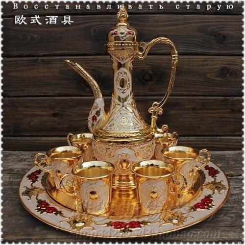European decor wine gift ornaments retro classic combination metal wine wine pot and cup tray Jewelry Set