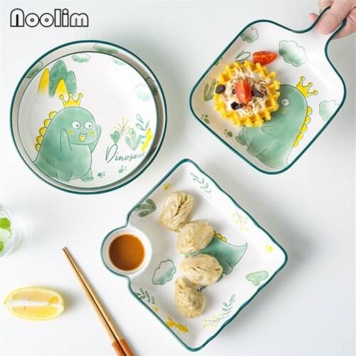 Ceramic Cute Hand Painted Little Monster Dinosaur Soup Bowl Cartoon Dinner Steak Dessert Plate Fruit Dish Children Tableware