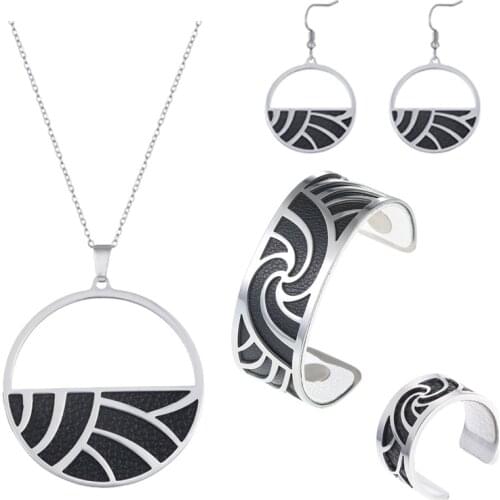 Cremo Cuff Interchangeable Leather Jewelry Set Womens Gothic Stainless Steel Necklace and Bracelet Earrings Ring Set Womens Bi