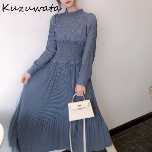 Kuzuwata 2021 New Fshion Women Robe Temperament Vintage Vestidos Solid Fungus Collar Pressure Pleated Slim Waist Long Dresses