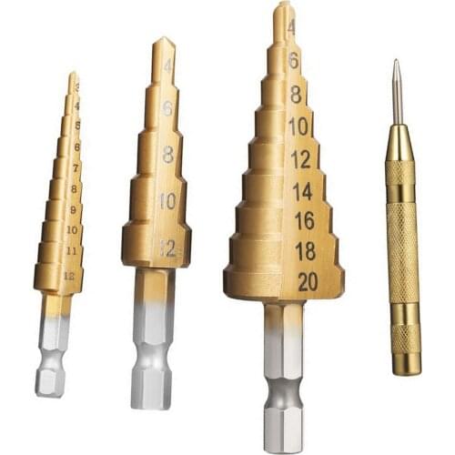 HSS 4PCS Titanium Step Drill Bit Set High Speed Steel Drill Bits Set with Automatic Center Punch Multiple Hole Stepped Up Bits