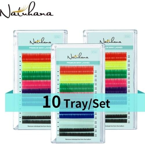 NATUHANA 10Cases/Lot Red Pink Brown Purple Blue Green White Yellow Mix Color EyeLash Extension Colourful Mink False Eye Lashes