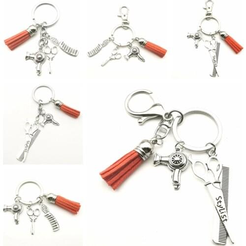 New Hair Stylist Gift Multicolor Tassel Charm Key Chain Retro Jewelry Mini Barber Scissors Hair Dryer Comb Keychain DIY Handmade