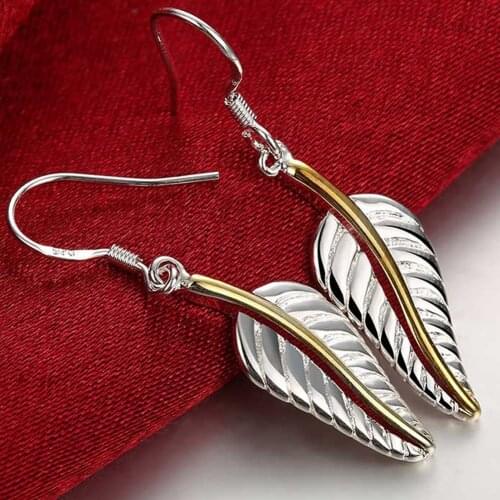 New Trendy Gold Color Feather Drop Earrings 925 Sterling Silver Jewelry Women Earrings Wholesale
