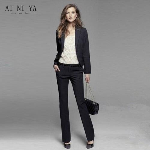 Jacket+Pants Womens Business Suit Black Long Sleeves Slim Female Office Uniform Ladies Formal Trouser 2 Piece Blazer Custom