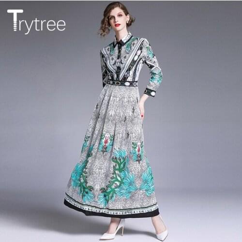 Trytree Summer Autumn Print Turn-down Collar Shirt Dress Women Dresses Single-Breasted A-Line Ankle-Length Office Lady Dress