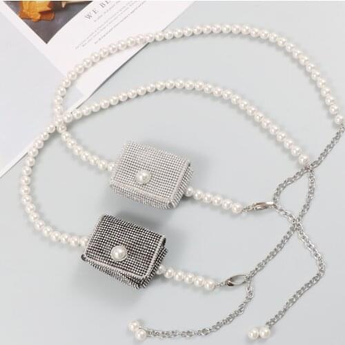 European Bling Mini Waist Packs Black White Rhinestone Pearl Waist Chain Belt With Coin Bag Women Luxury Chain Crystal Chest Bag