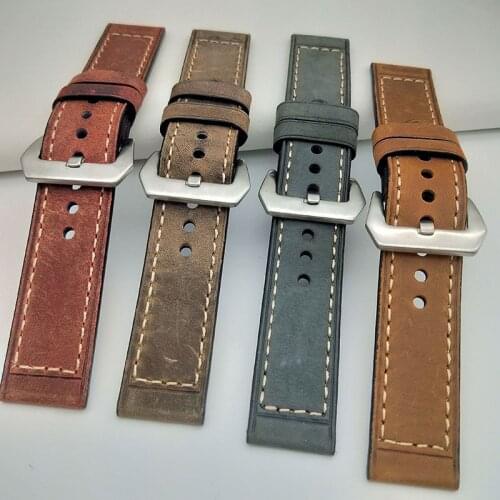Watch Accessories 24mm Red Dark Retro Brown Grey Thick Matte Genuine Leather Watchband for Panerai Watch Strap with Metal Buckle