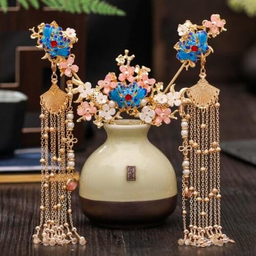 Luxury Exquisite Vintage Style Hairpin Haircomb Earrings Set Women Long Tassel Step Shake Hair Clip Hair Comb Hair Jewelry LB