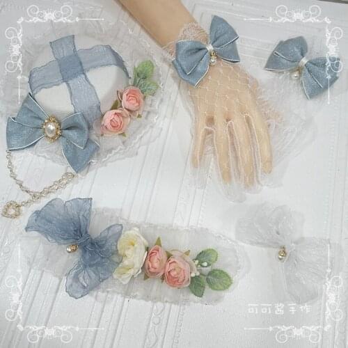 Original Handmade Lolita Tambourine Gadget Gray Blue Hair Accessories Gloves Top Hat Hair Band Bow Edge Clip Headdress