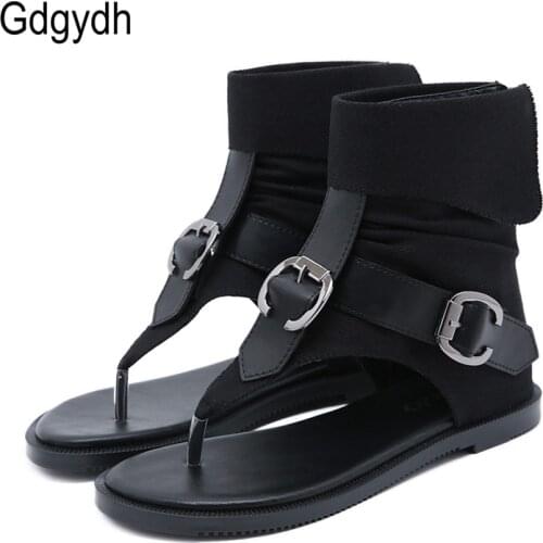 Gdgydh Fashion Buckle Summer Flat Sandal For Women Flip Flops Ankle Strap Denim High Quality Rome Style Beach Sandals Female