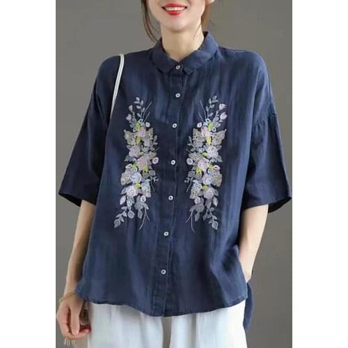 Women Summer Cotton Linen Casual Shirts New Arrival 2021 Vintage Style Floral Embroidery Loose Comfortable Female Tops B655