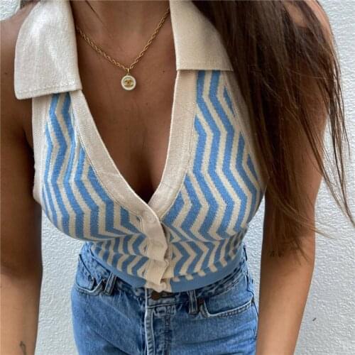 Evfer Chic Lady Fashion Blue Wave Stripe Knitted Short Halter Tops Women Stylish V-Neck Backless Elastic Slim Tank Tops Vest