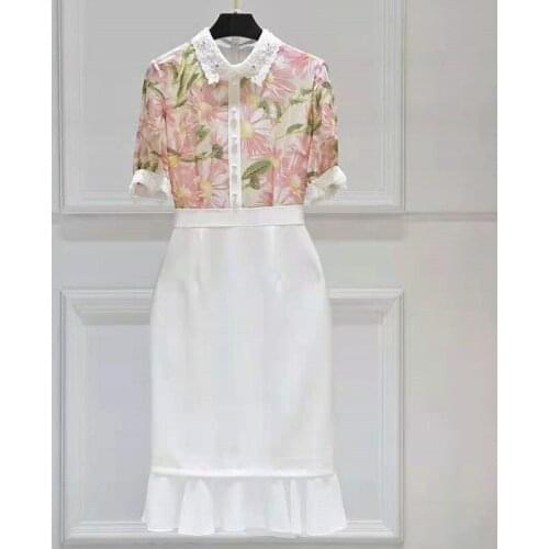 High Quality Brand Summer Dress 2021 Fashion Women Turn-down Collar Floral Print Patchwork Short Sleeve Midi Yellow Pink Dress