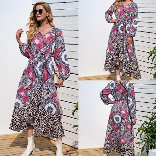 Summer Women Dress Leopard Floral Print Long Sleeve Chiffon Long Female Vestido Elegant Fashion Beach Style Patchwork C2529