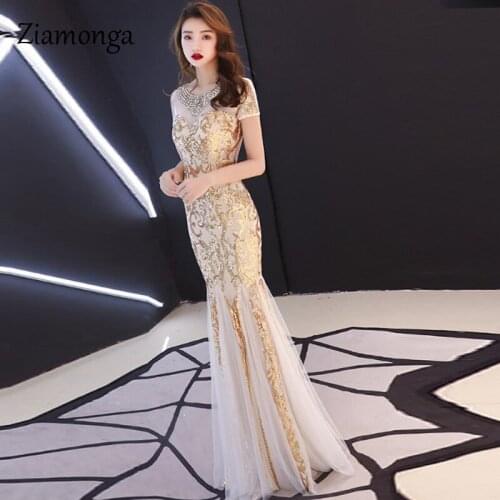 Ziamonga Plus Size Gold Sequined Evening Dresses Mermaid O-Neck Elegant Women Formal Party Long Dresses Gown Robe De Soiree 2020