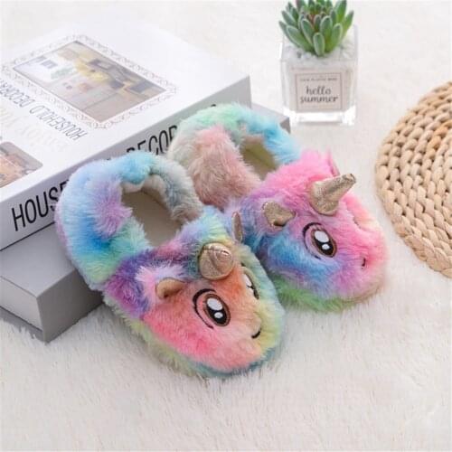 Winter Unicorn Slippers Kids Toddler Girl Flip Flop Baby Boys Fur Slides Cotton Indoor Shoes Warm Fluffy House Children Slipper