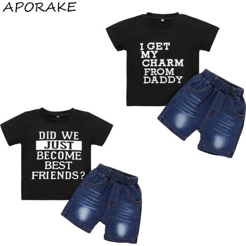 2021 0-4Y Baby Boys Clothes Set Letter Print Short Sleeve O-neck T-shirt+ Short Denim Shorts Casual Outfits 2pcs for Summer