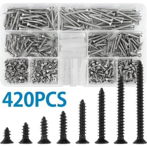 420Pcs Screws Set Phillips Flat Head Self Tapping Screw Assortment M3 Screws Steel Cross Drive Flat Head Screws Set With Anchors