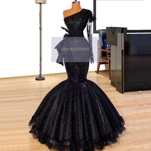 Sparkly Black One Shoulder Long Sleeves Mermaid Evening Dress Floor-Length Elegant Applique Prom Dress Formal Dress 2020 Dubai