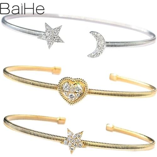 BAIHE Solid 14K White Gold 0.17ct H/SI Natural Diamonds Wedding Women Fine Jewelry Beautiful star moon hear Diamond Bracelet