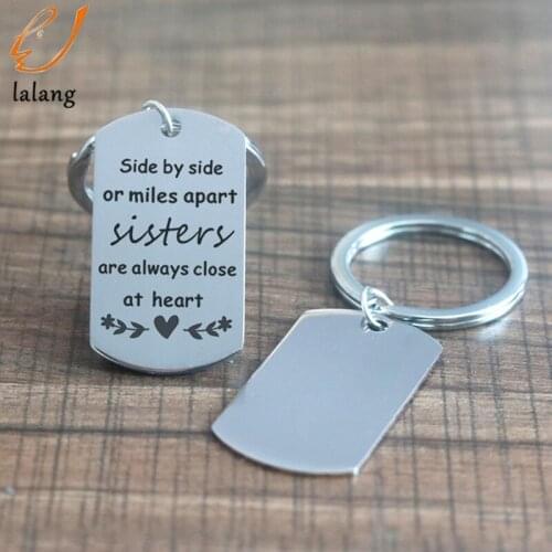Letter "Side By Side Or Miles Apart Sisters Are Always Close At Heart"Pendant Key Chain Keyring Stainless Steel Friends Family