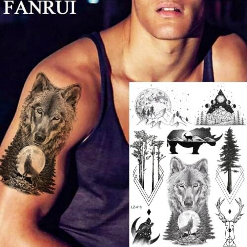 FANRUI Wolf Moon Forest Geomemtric Temporary Tattoos For Men Sticker Black Fake Tatoos Forest Elk Deer Art Arm Custom Tattoo