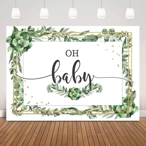 Green Leaves Oh Baby Party Background Decorations Newborn Baby Shower Backdrop Gold Dots Jungle Gender Reveal Photoshoot Studio