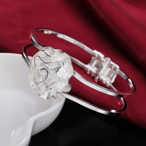 Hot fine rose flower bangle 925 Sterling Silver cuff Bracelets for Women Fashion Wedding Party Christmas Gifts popular jewelry