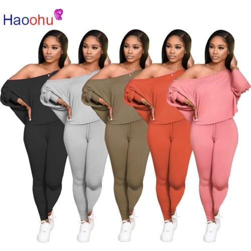 Cotton Solid Matching Sets 2020 Autumn Long Sleeve One Shoulder Loose Tops+knee Length Pant Fashion Casual Two Piece Set Women