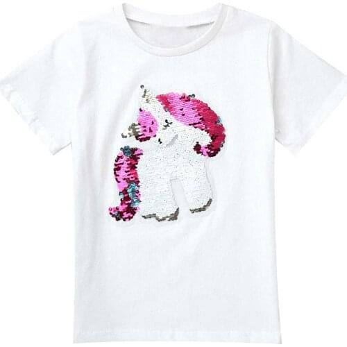 Summer Girls Tops Sequin Cartoon Applique Children T-shirt Cotton Short Sleeve Kids Clothing T Shirts Toddler Baby Girl Clothes