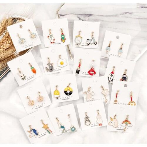 Cute Cartoon Earrings for Women Asymmetric Rabbit Cat Bird Clock Doughnut Rainbow Unicorn Ice Cream Drop Earrings Jewelry Gifts