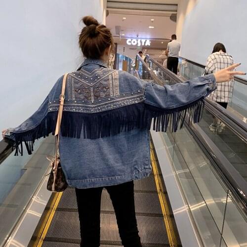 Fashion Denim Jacket Women 2020 Spring Autumn New Loose Embroidery Rear Back Tassel Beading Vintage Jeans Jacket Women Tops G092