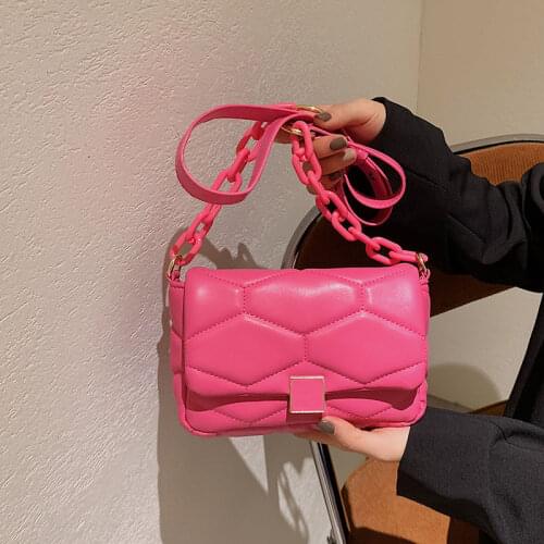 Fashion Women PU Leather Crossbody Bag Acrylic Chain Design Women Messenger Bag Pink Color Stitch Geometric Pattern Square Bag