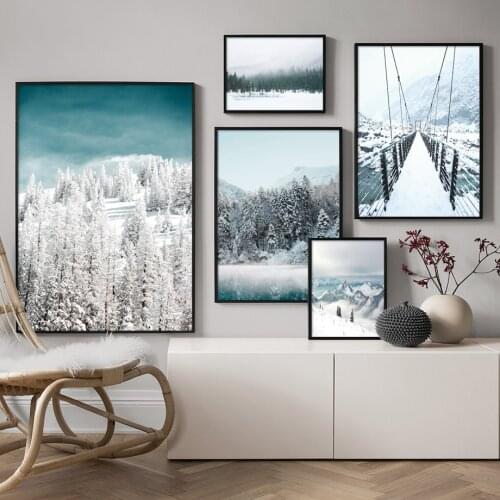 Wall Art Canvas Painting Winter Snow Forest Birch Bird Lake Bridge Posters and Prints Pictures for Living Christmas Room Decor
