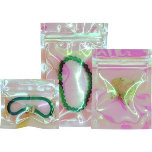 Iridescent Ziplock Bags Reusable Cute Pink Plastic Storage Pouches Wholesale for Eyelash Jewelry Makeup Cosmetic Packaging